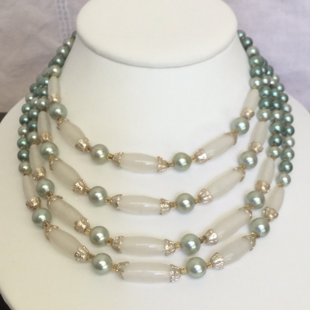 Vtg4StrandLtTeal, Teal &LongWhitePearl BibNecklace
